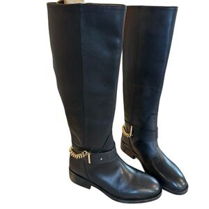 Aqua Black Leather Knee High Riding Boots Gold Chain Size 8.5 Medium NWT Women's